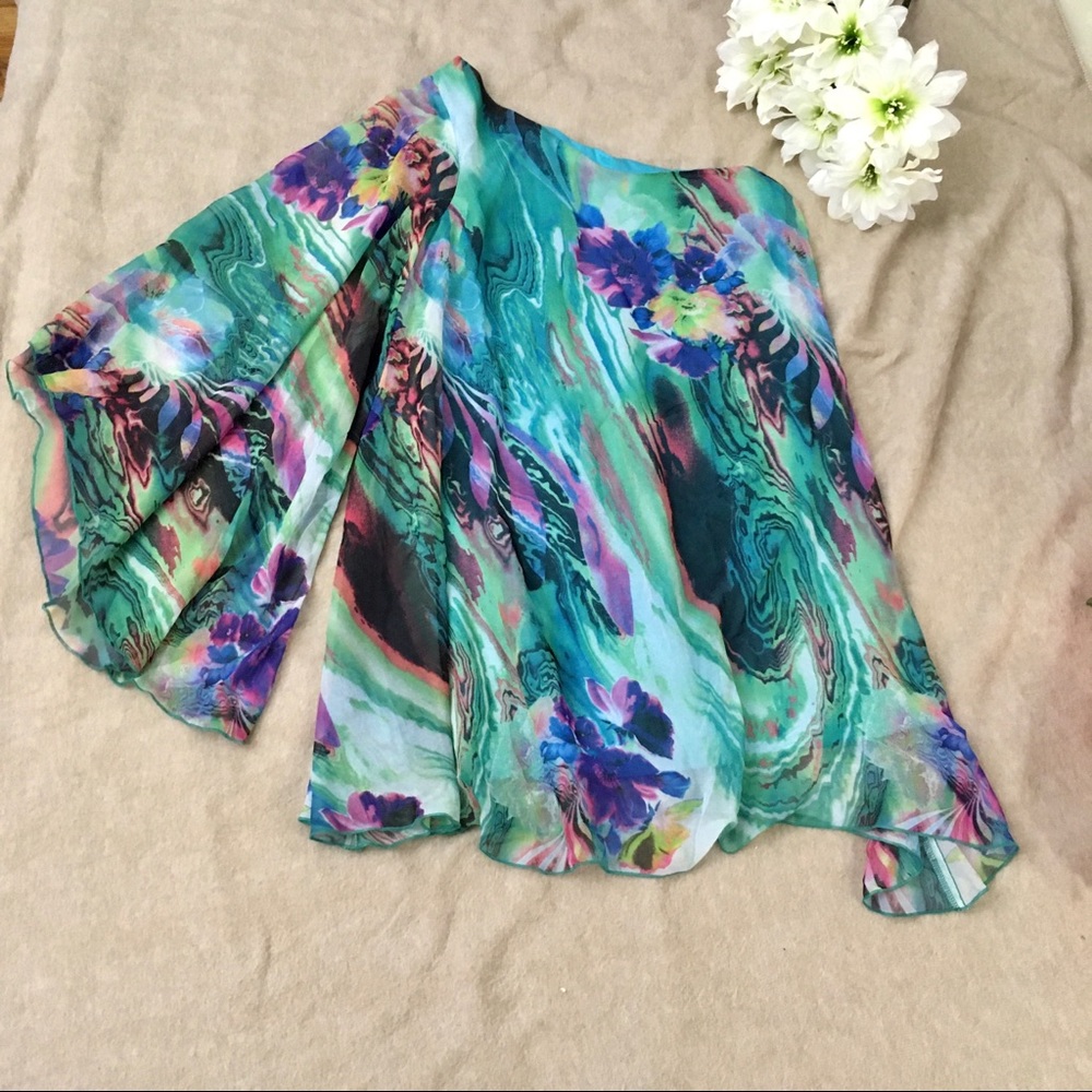 Single Sleeve Groovy Color Spill Asymmetrical Chiffon Dress